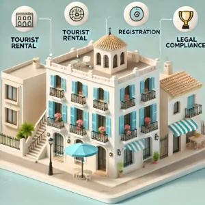 Ilustración de un apartamento turístico en Málaga con iconos representando el registro y cumplimiento legal para alquiler vacacional