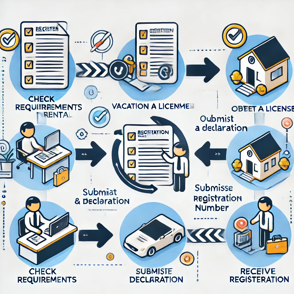 Infografía con los pasos para inscribirse en el Registro Único de Alquiler Turístico en Málaga, incluyendo requisitos, licencia y declaración responsable.